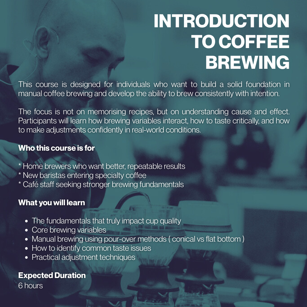 Course flyer for 'Introduction to Coffee Brewing' with text and blurred coffee brewing equipment in the background.