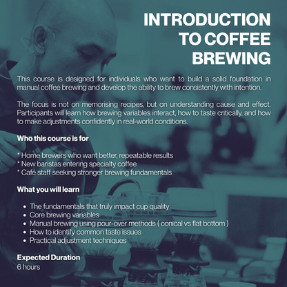 Course flyer for 'Introduction to Coffee Brewing' with text and blurred coffee brewing equipment in the background.