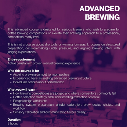 Advertisement for an advanced brewing course with text and blurred coffee shop background.