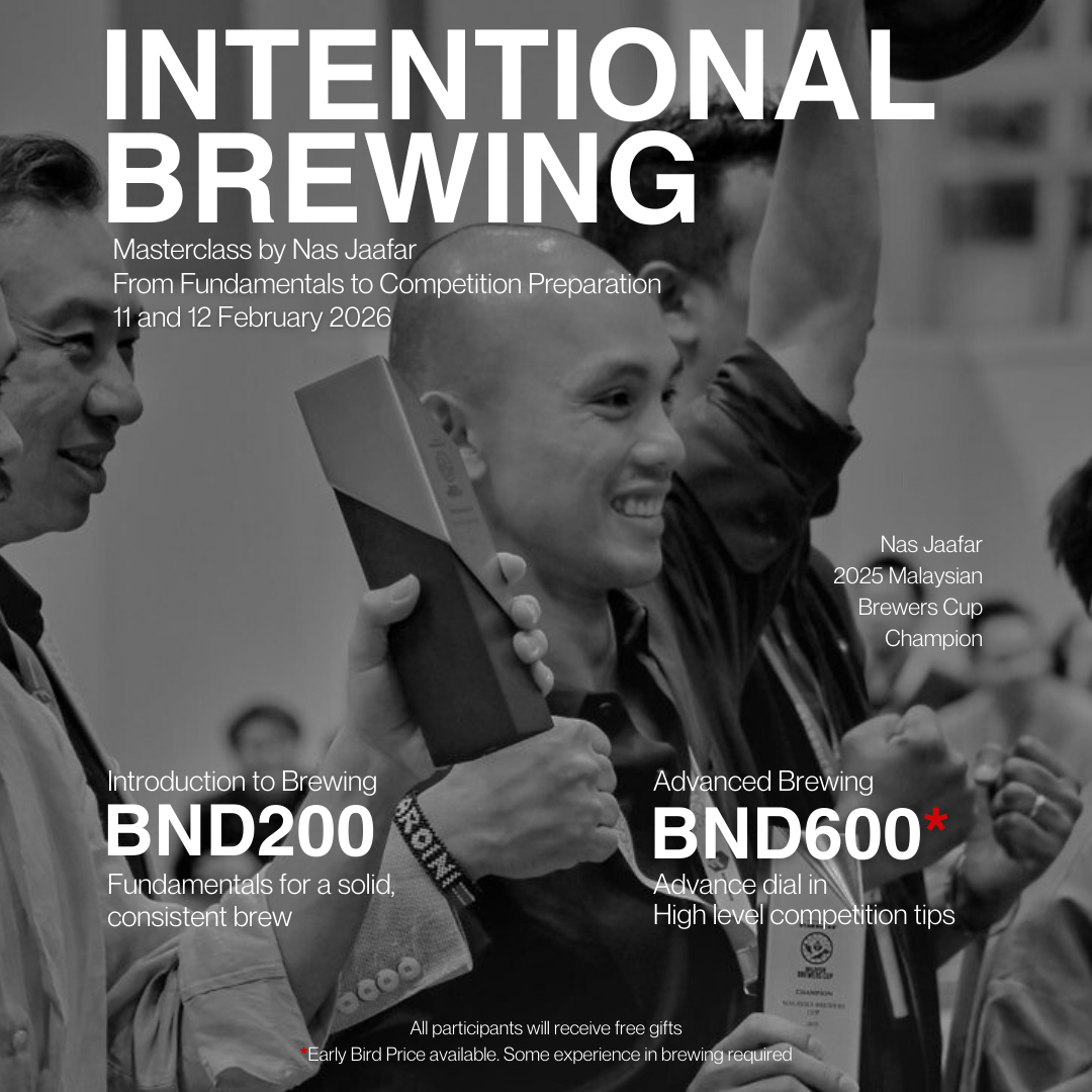 Promotional poster for 'Intentional Brewing' with text about brewing courses and a person holding a brewing device.